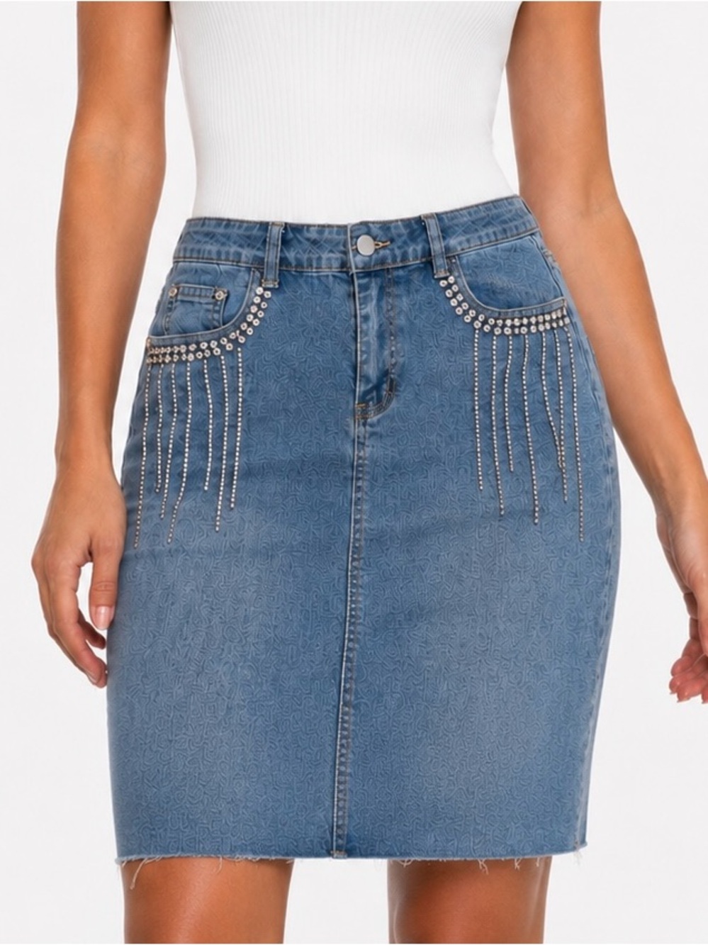 AZ Bling Rhinestone Dangle Denim Mini Skirt XL XXL Stretch NWT
